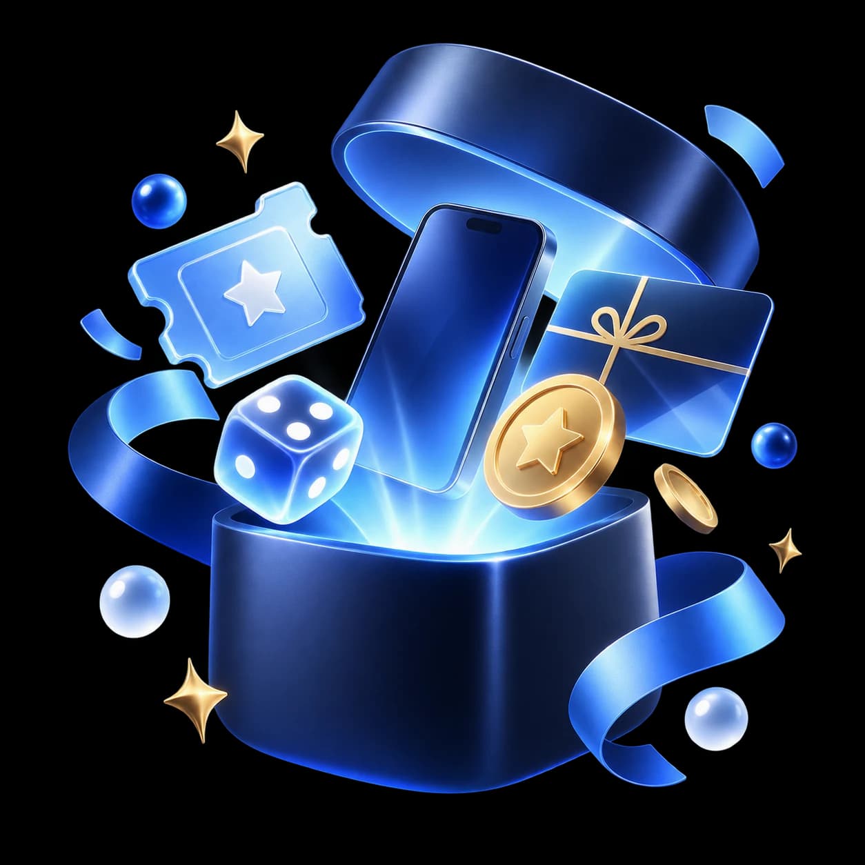 An open gift box bursting with a phone, a gold coin, a ticket and dice