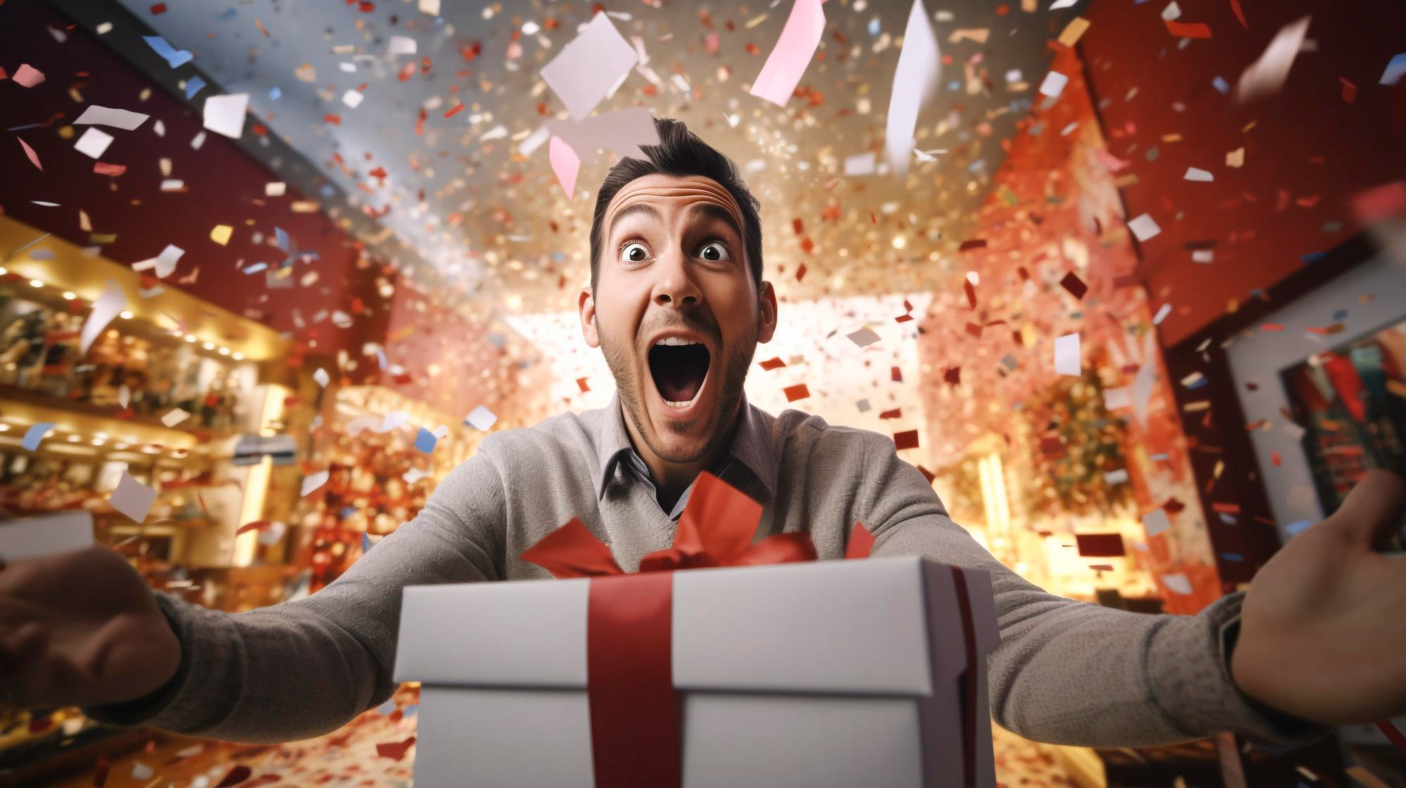 Excited winner celebrating with confetti